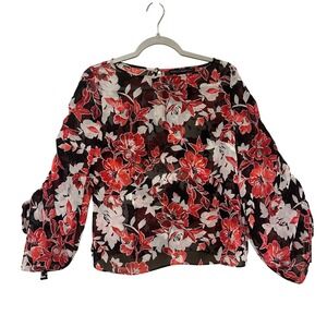 White House Black‎ Market Floral Blouse Women's Size 8P Sheer Red White